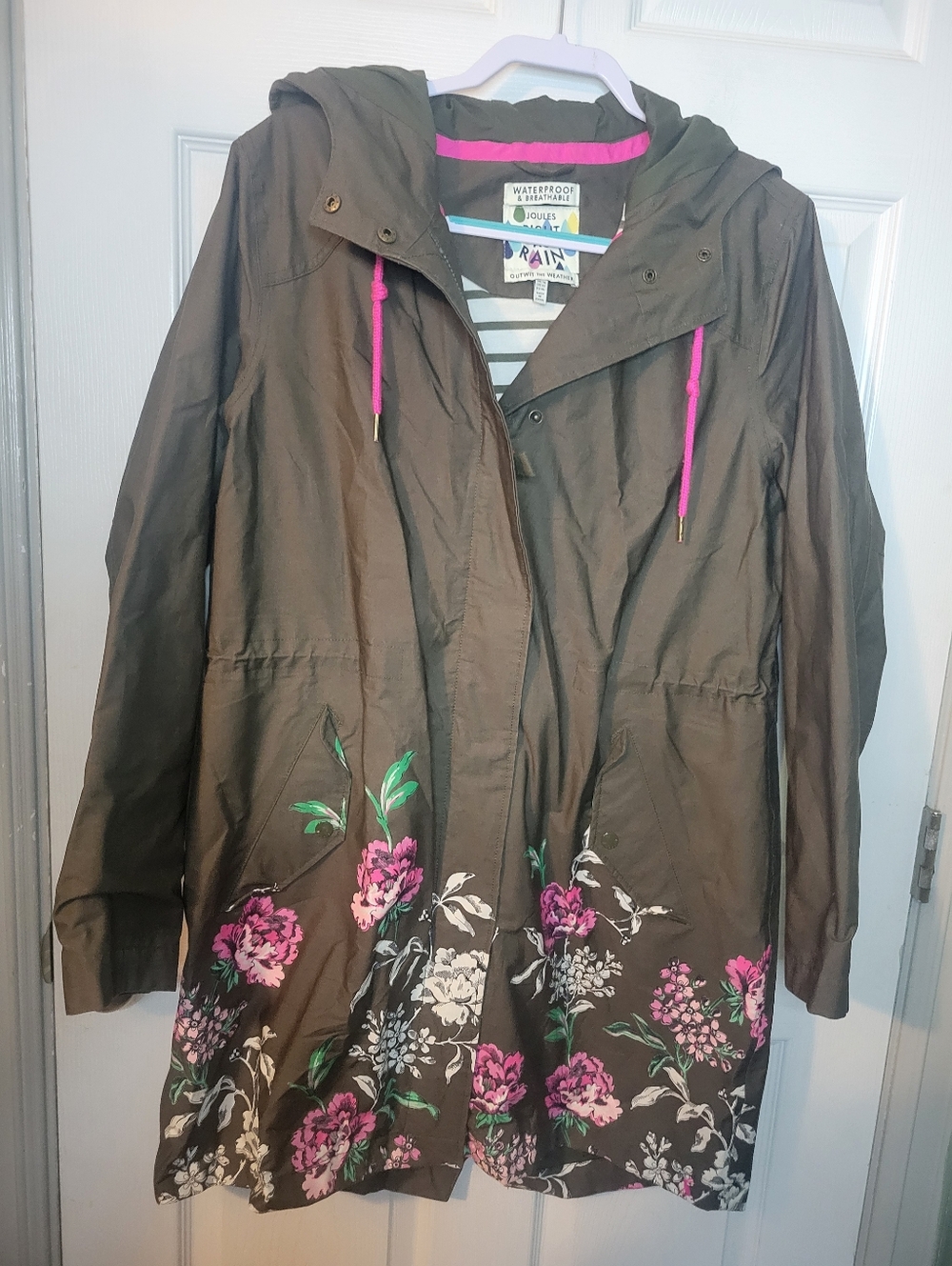 Joules Size 12 Waterproof Floral Print Raincoat Jacket Green Hooded Feminine